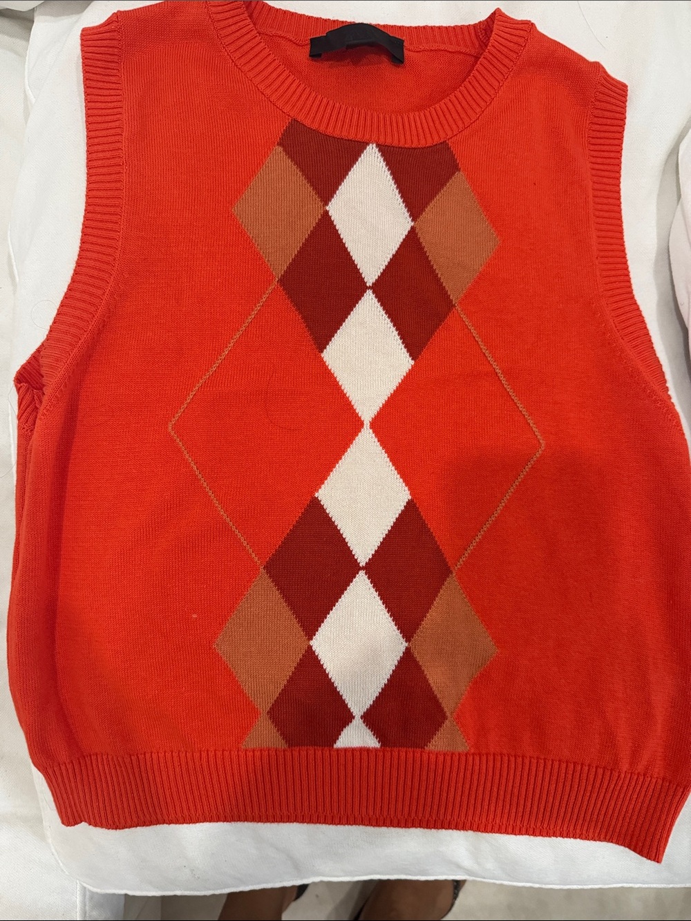 Zara Bright Orange Crewneck Argyle Sweater vest